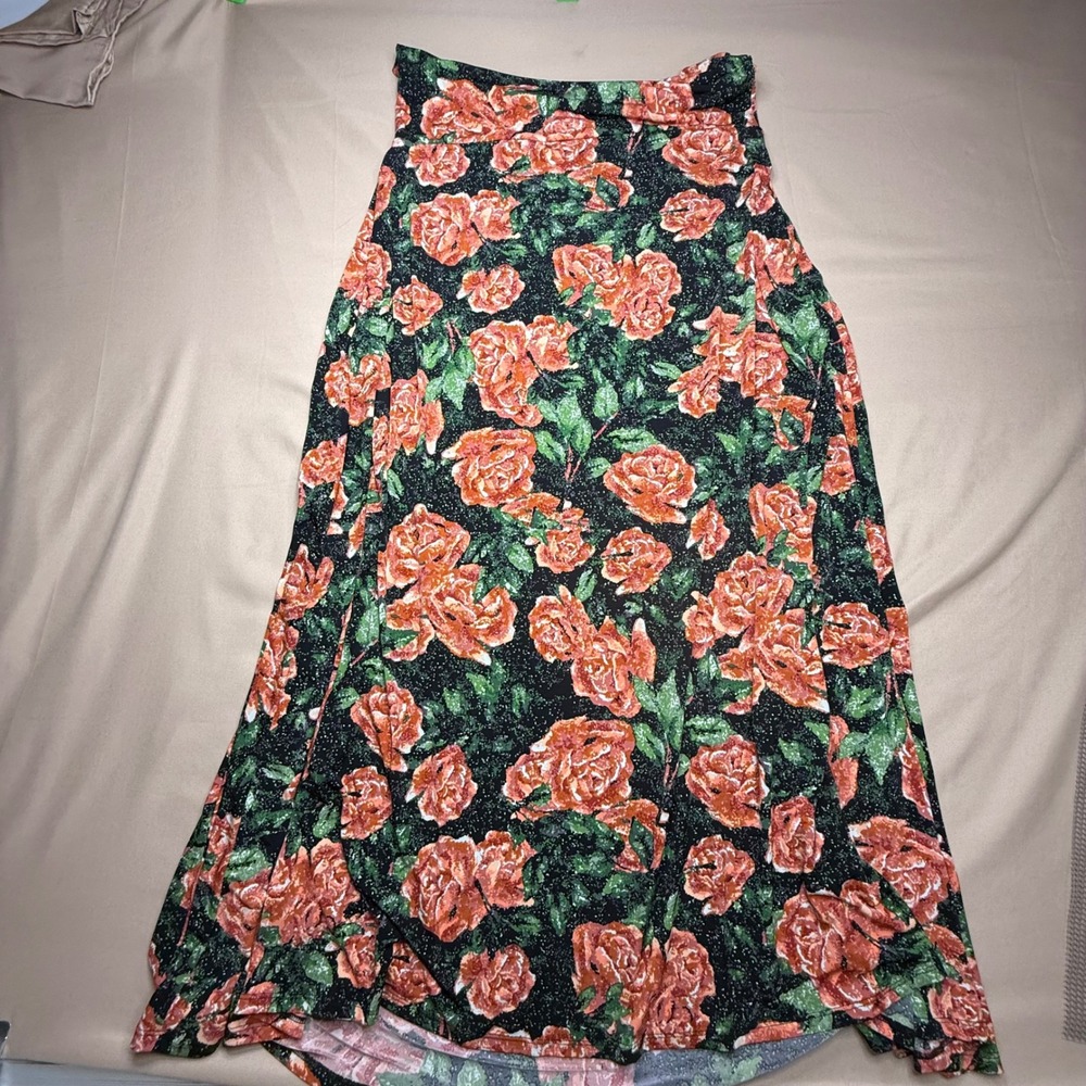 LuLaRoe Maxi Skirt Large L Floral Rose Print Black Orange Pink Yoga Waistband